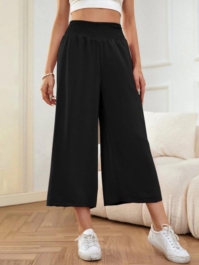 black shirred waist wide leg trousers