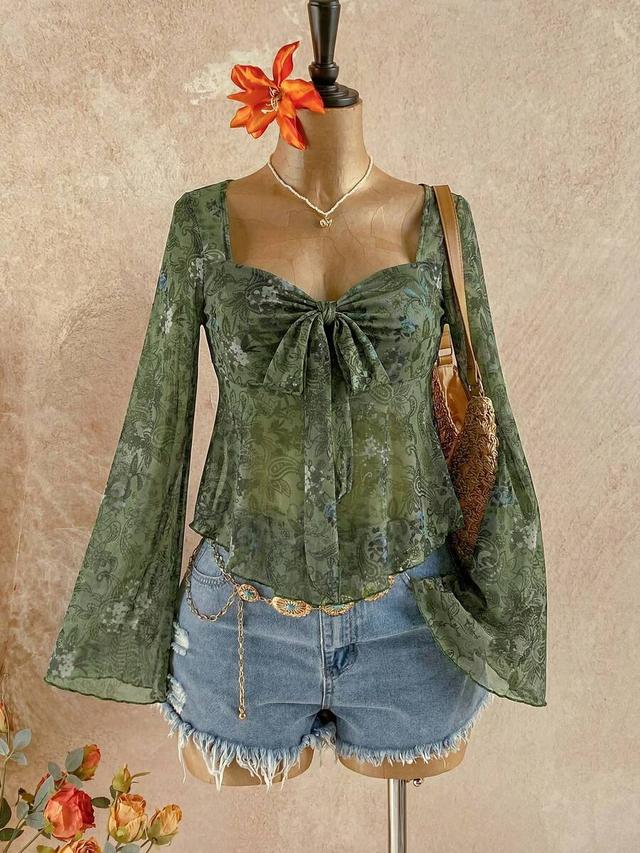 green paisley print sweetheart neck long sleeve babydoll top