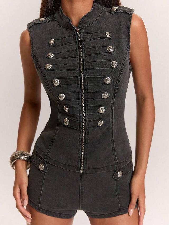 denim sleeveless stand collar top and matching shorts set