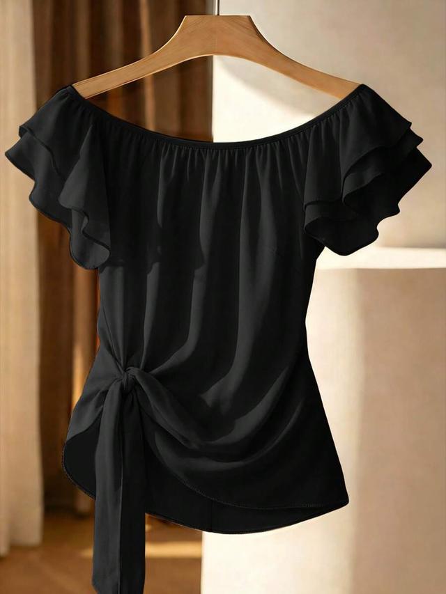 solid black off-shoulder tie knot ruffle trim blouse