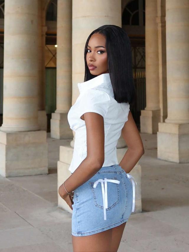 mima john bow decor denim mini skirt
