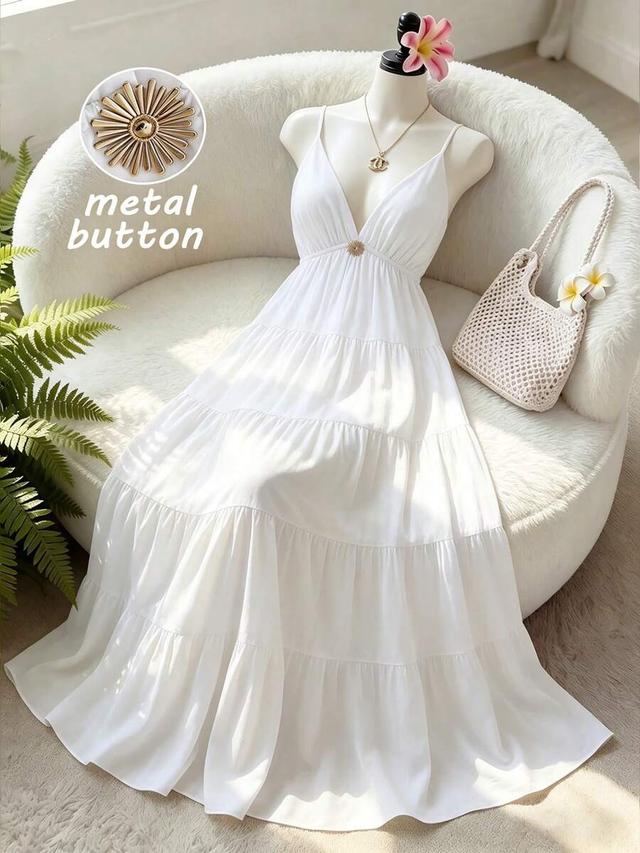 gloweve white v-neck spaghetti strap tiered ruffle dress
