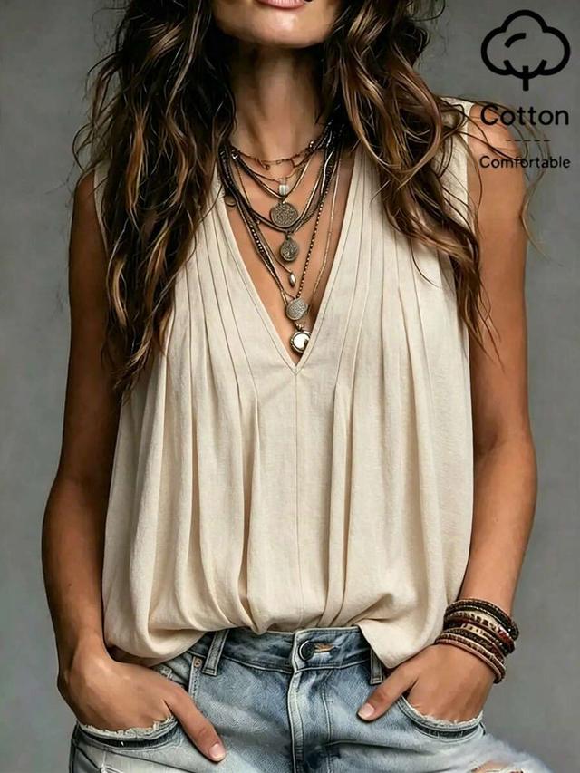 minimalist beige deep v-neck pleated tank top
