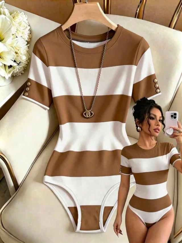 brown and white striped short sleeve bodysuit
