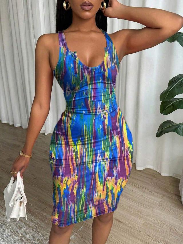 eryvara tie dye pleated slim fit sleeveless bodycon dress