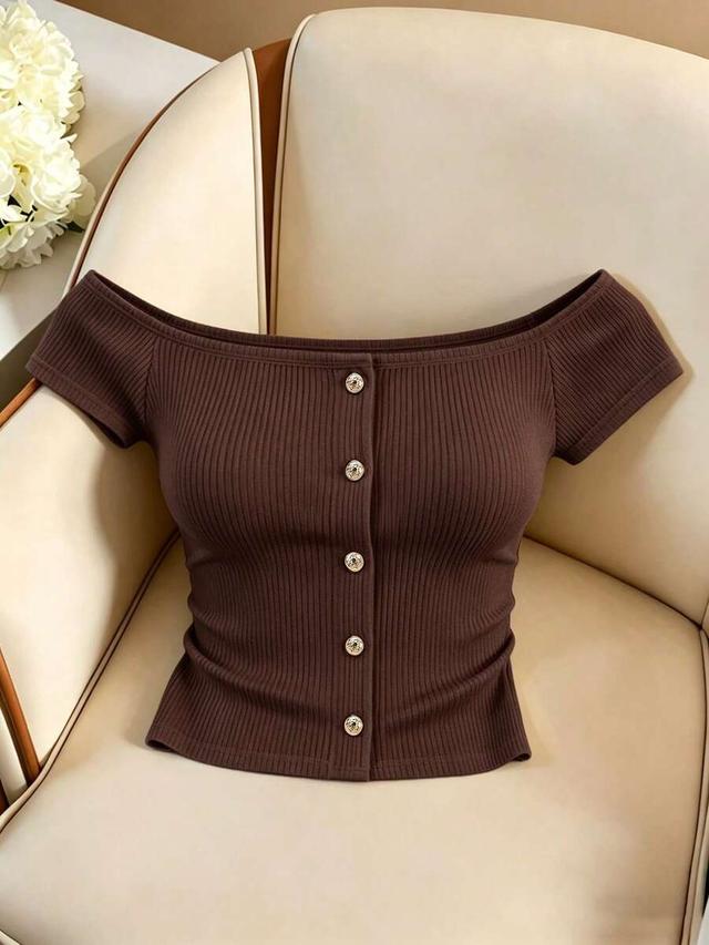 brown ribbed off-shoulder faux button top
