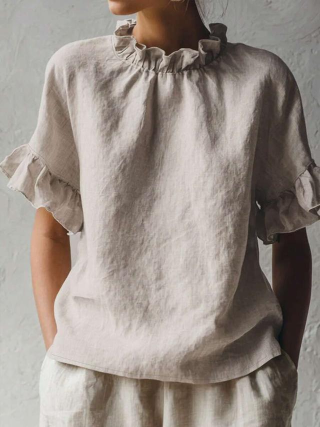 solid color ruffle pleated linen pullover blouse