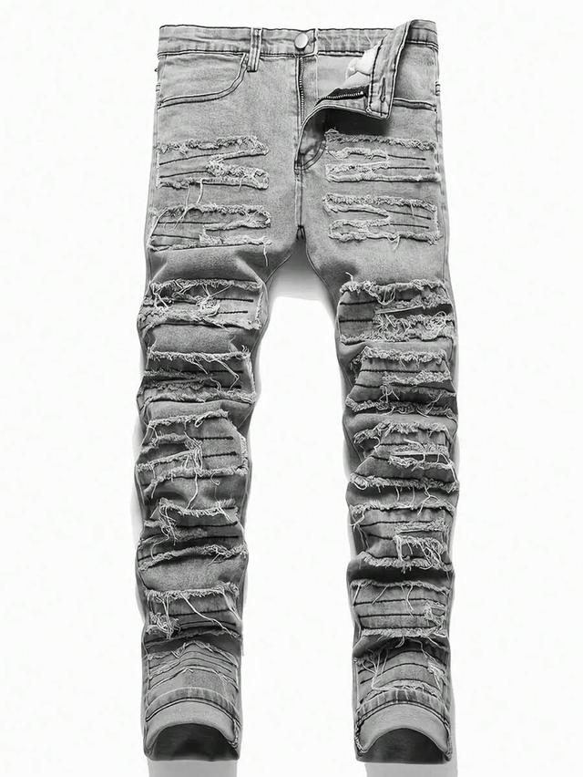 men's fashion fringe elastic skinny fit jeans