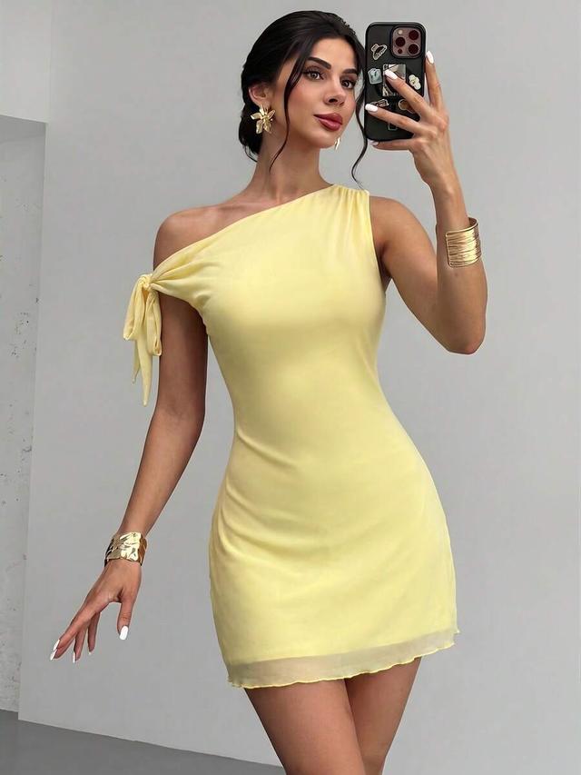 pale yellow asymmetrical shoulder mesh mini dress