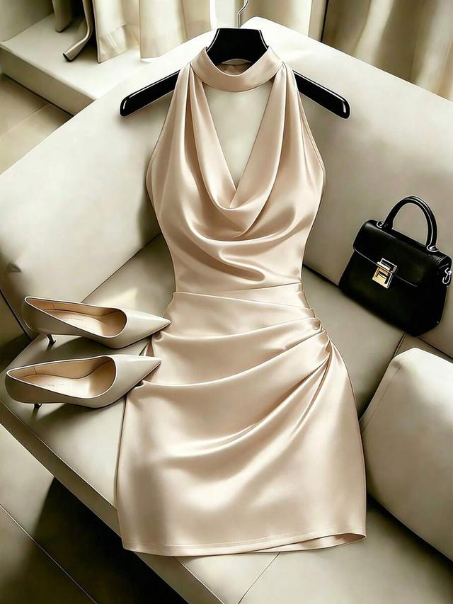 champagne satin cowl neck draped mini dress