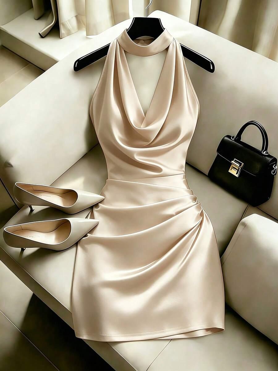 champagne satin cowl neck draped mini dress