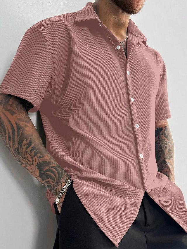 textured solid color ribbed knit short sleeve lapel shirt