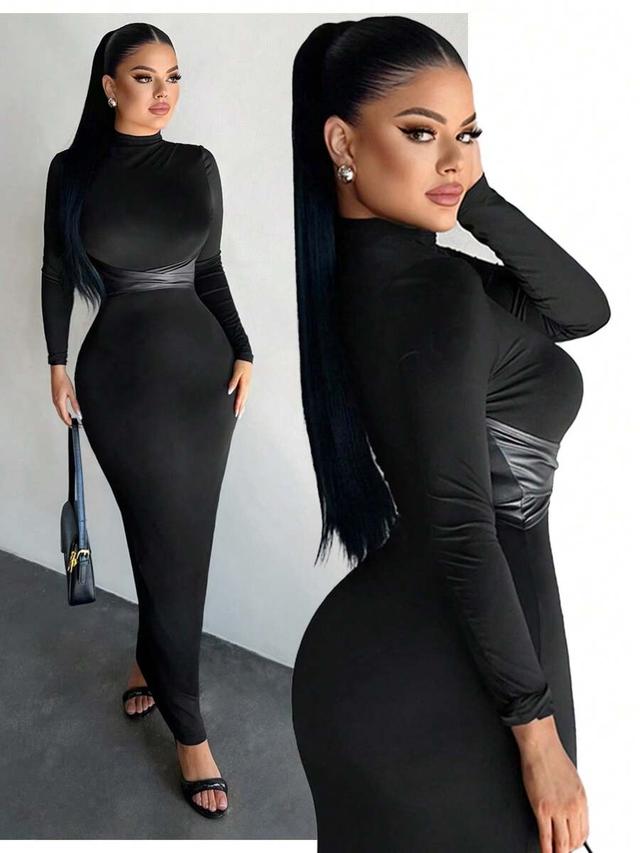 black long sleeve stand collar bodycon dress