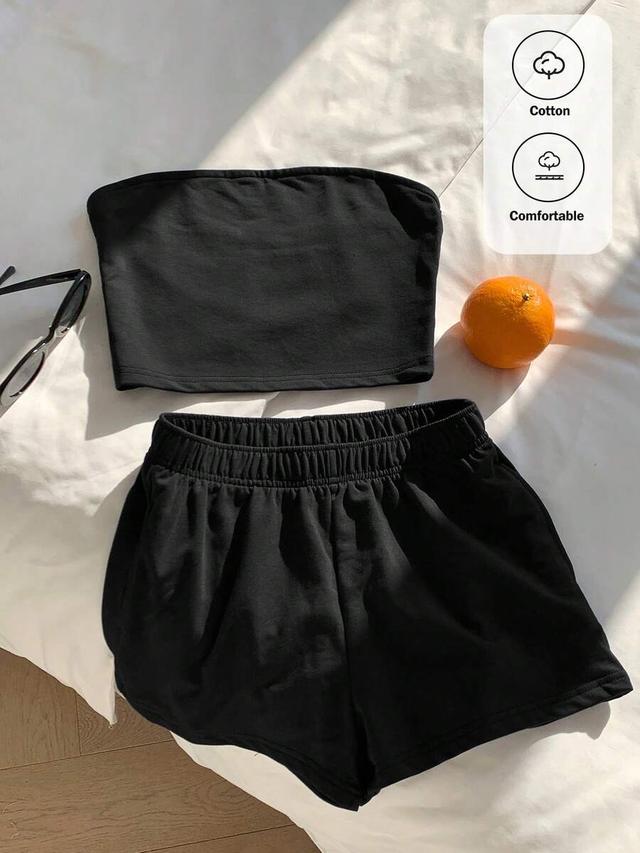 casual solid black cotton camisole and shorts set