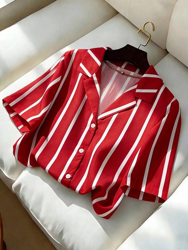 red and white striped v-neck short sleeve blouse