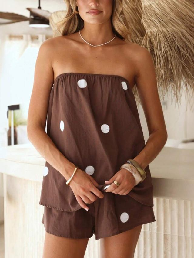 brown polka dot strapless camisole and loose shorts set
