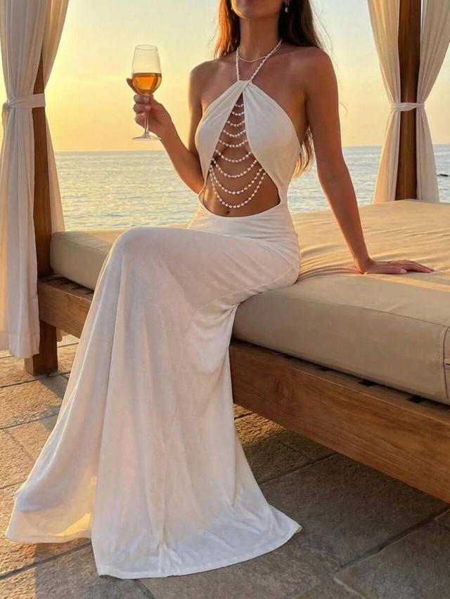 white halter neck maxi dress with pearl detailing