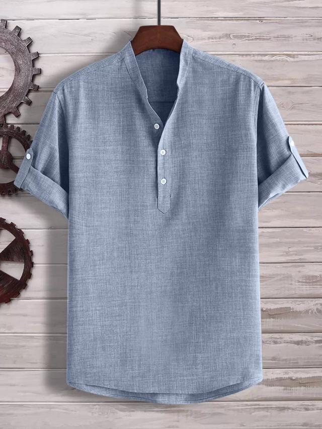 blue linen blend short sleeve button up shirt