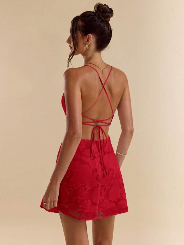 pink textured backless tie-strap a-line mini dress