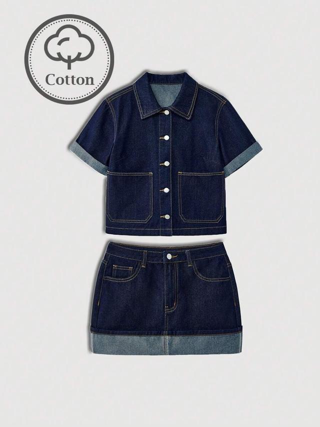 maija women's short sleeve single-breasted shirt and denim skirt casual suit