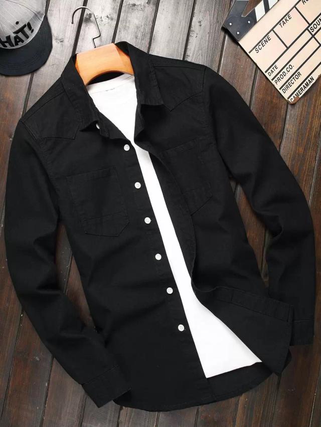 black cotton dual pocket long sleeve button up shirt