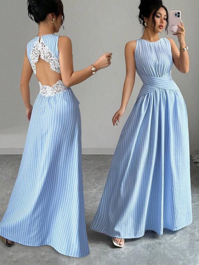 blue and white striped sleeveless backless lace dress