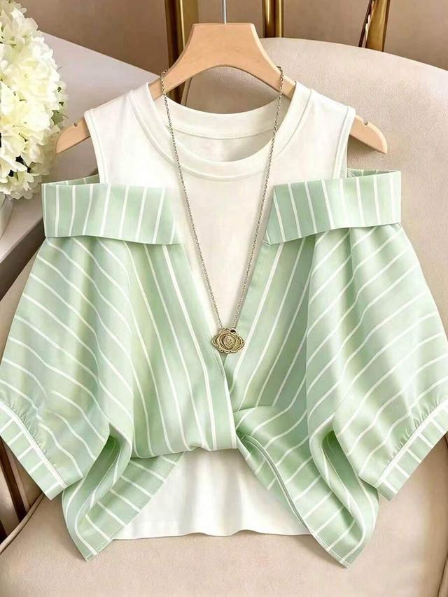 green striped cold shoulder two in one shirt