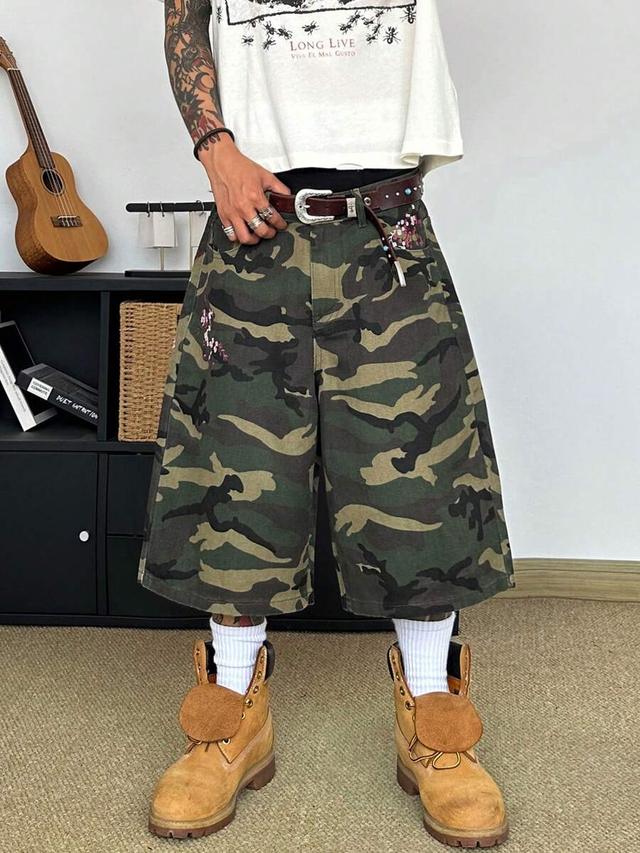 steelvance camo print embroidered loose straight denim shorts