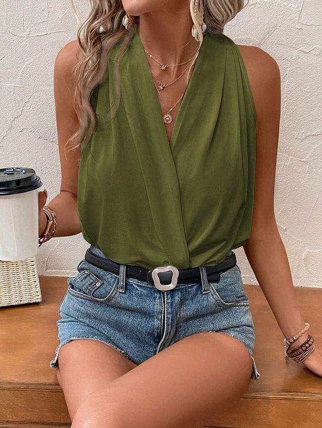 olive green sleeveless wrap front bodysuit