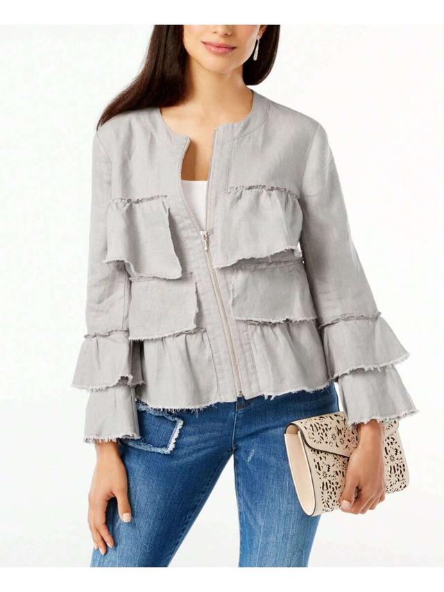 grey linen ruffled zip-up jacket