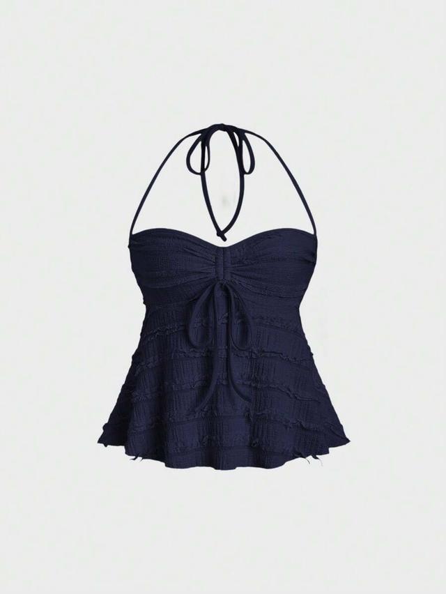 navy blue textured drawstring halter peplum top