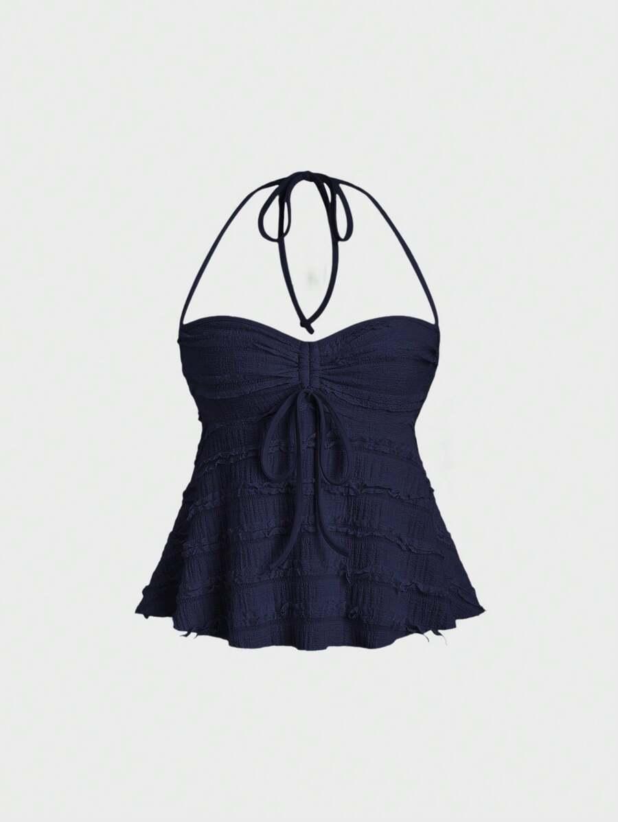 navy blue textured drawstring halter peplum top