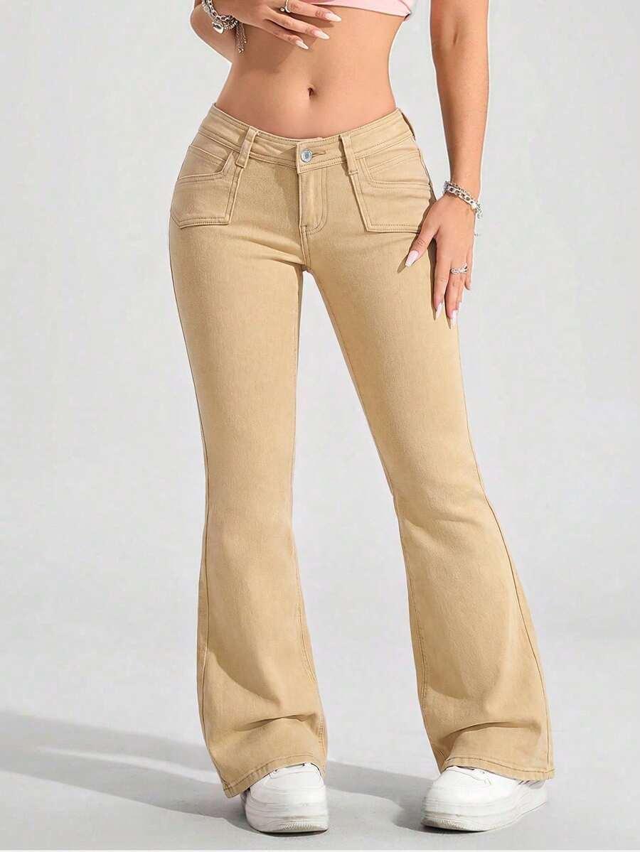 tan women's beige flared casual denim jeans