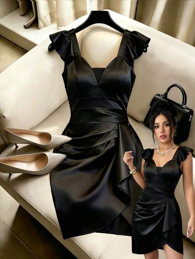 black satin waist-cinched split pleated cocktail dress