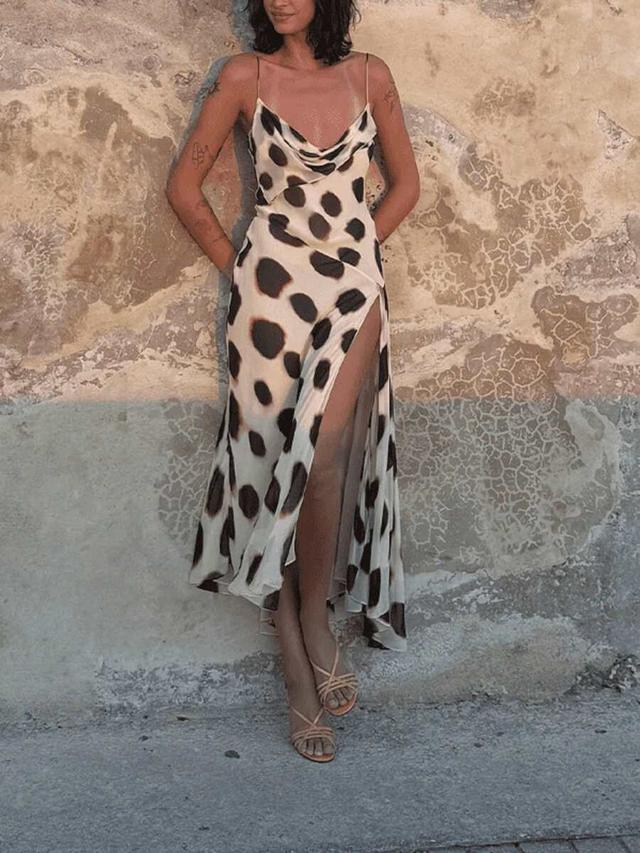 polka dot cowl neck midi slip dress