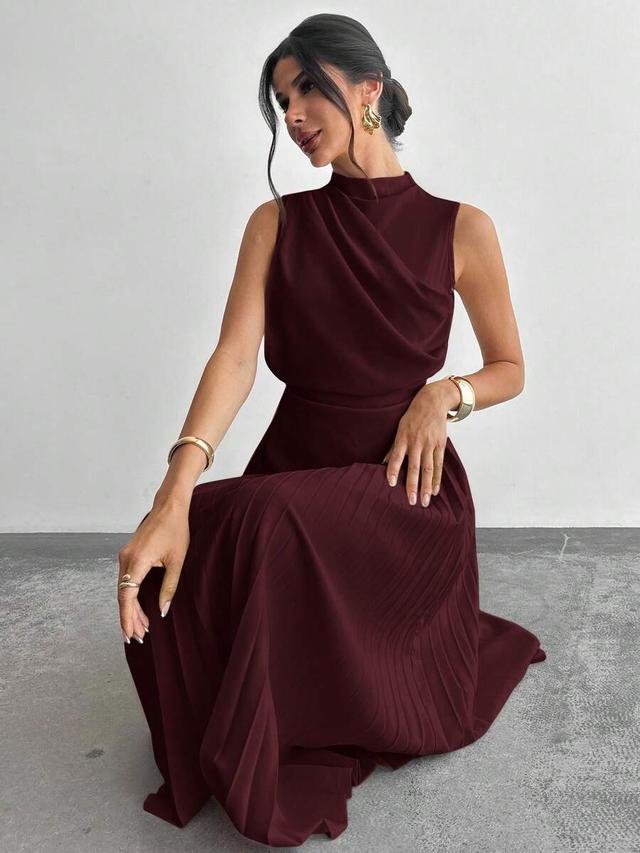burgundy sleeveless swing neck pleated a-line dress