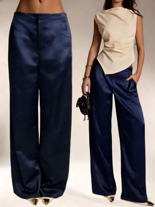 women's navy blue satin silk wide leg trousers