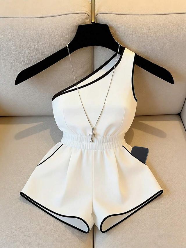 white and black color-blocked one-shoulder romper