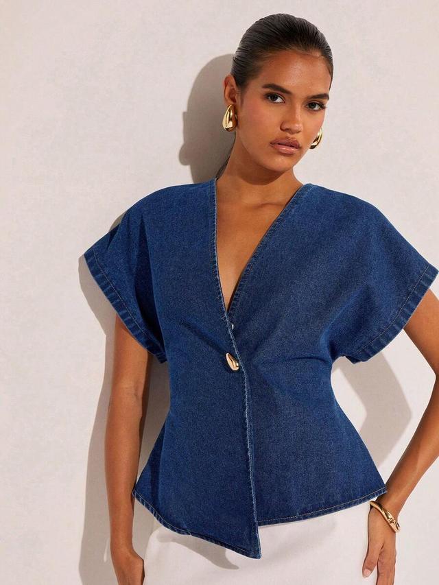 deep v-neck dark wash denim peplum top
