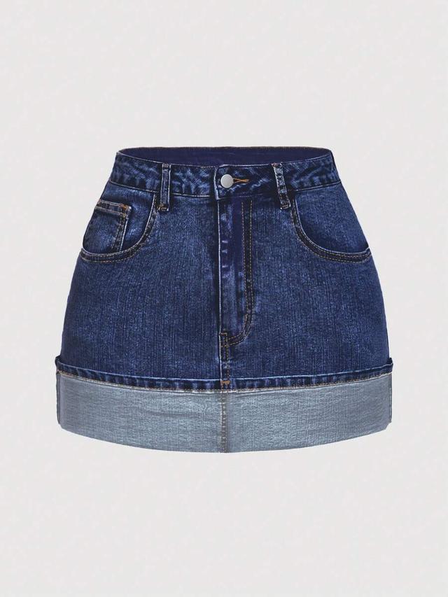dark wash denim mini skirt with wide cuff