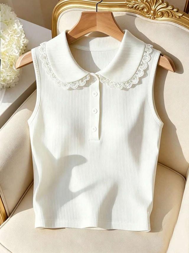 white ribbed knit camisole with lace trim collar