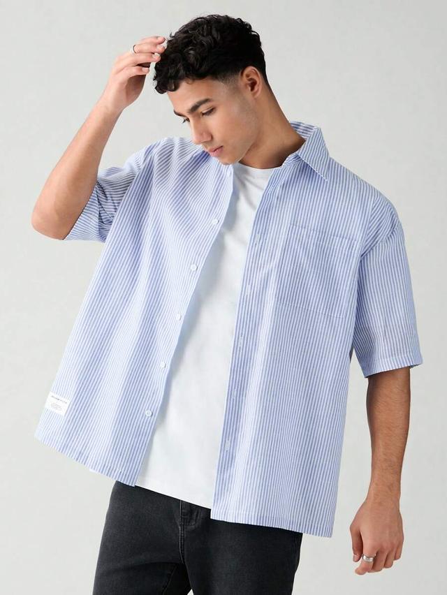men short sleeve striped cotton button-down shirt