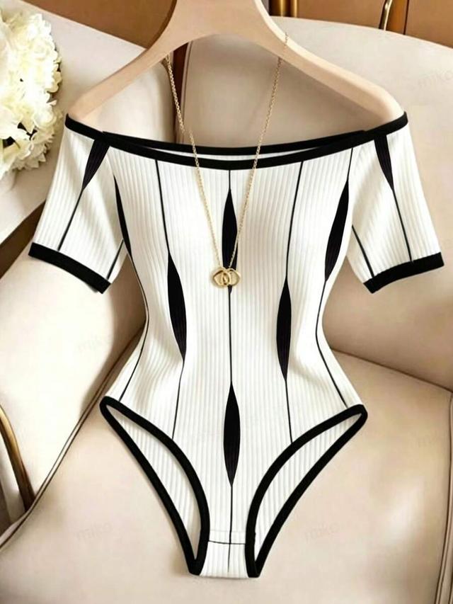 off-shoulder colorblock black and white ribbed bodysuit