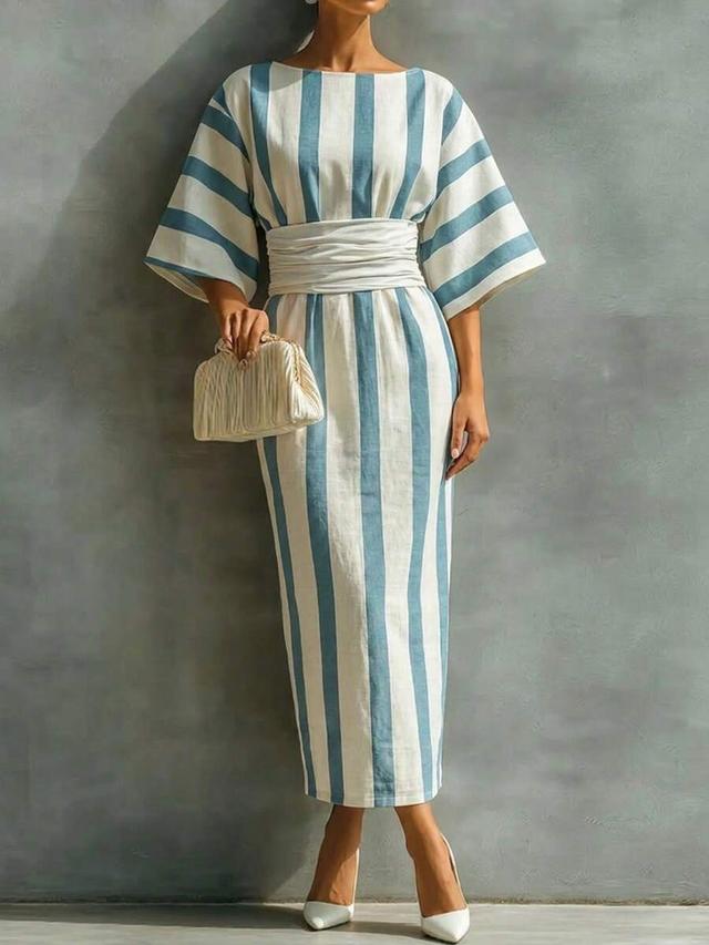 blue and white striped boat neck midi dress