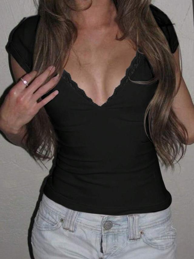 solid black contrast lace deep v neck fitted top