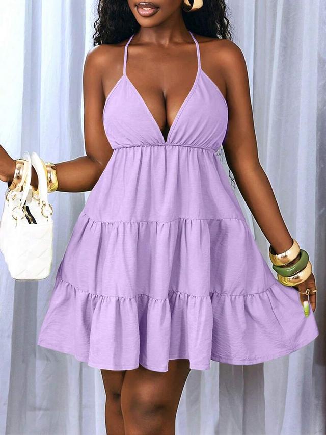solid color minimalist casual backless tie strap dress