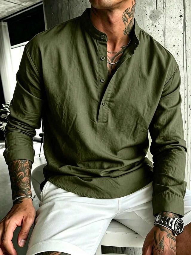 olive green cotton stand-up collar henley shirt