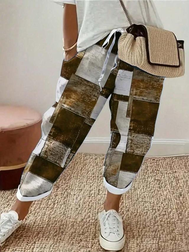 women's casual vacation plaid pocket drawstring long pants