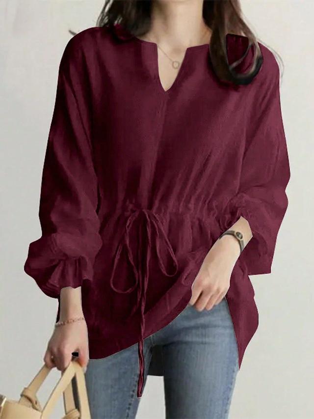 burgundy v-neck waist tie long sleeve blouse