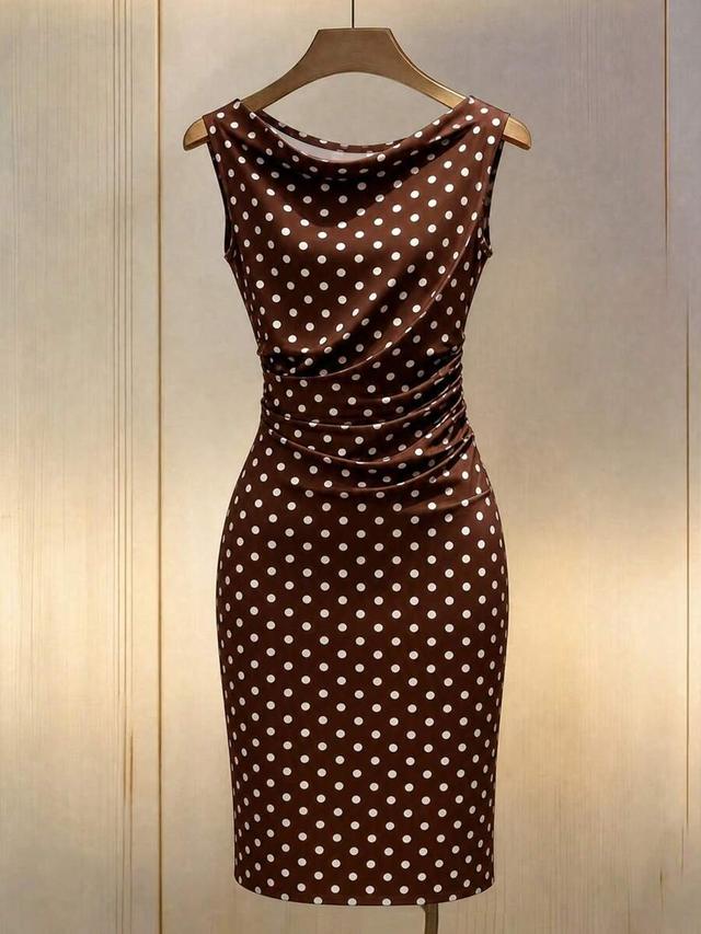brown polka dot cowl neck sleeveless sheath dress